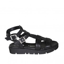 Woman's sandal with straps in black leather wedge heel 3 - Available sizes:  32, 42, 45