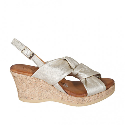 Woman's platform sandal in platinum laminated leather wedge heel 7 - Available sizes:  32, 34