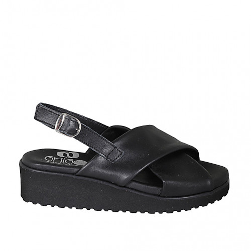 Sandale pour femmes en cuir noir avec talon compensé 4 - Pointures disponibles:  42, 43, 44, 45