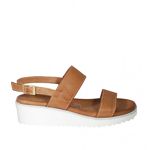 Woman's sandal in cognac brown leather wedge heel 4 - Available sizes:  32, 42, 43