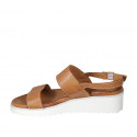 Woman's sandal in cognac brown leather wedge heel 4 - Available sizes:  32, 42, 43