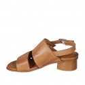 Woman's sandal in cognac brown leather heel 4 - Available sizes:  32, 43