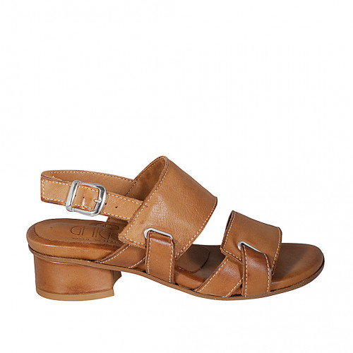 Sandale pour femmes en cuir cognac talon 4 - Pointures disponibles:  32, 43