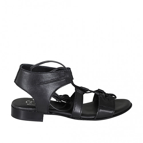 Sandalia para mujer con cordones en piel negra tacon 2 - Tallas disponibles:  32, 33, 34, 43, 45