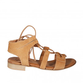 Sandale avec lacets pour femmes en daim cognac talon 2 - Pointures disponibles:  32, 33, 34, 42, 43