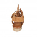 Woman's sandal with laces in cognac brown suede heel 2 - Available sizes:  32, 33, 34, 42, 43