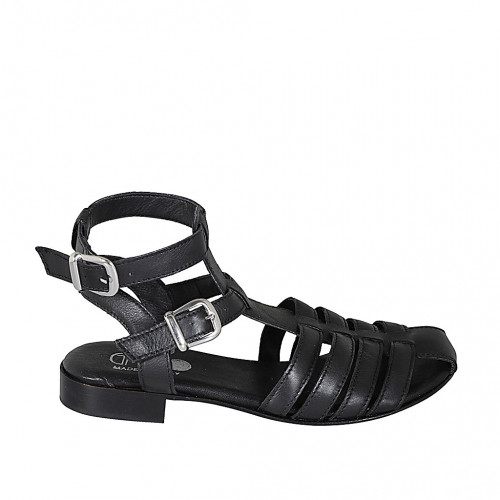 Sandalia para mujer con cinturones al tobillo en piel negra tacon 2 - Tallas disponibles:  32, 33, 43