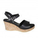 Woman's strap platform sandal in black leather with wedge heel 7 - Available sizes:  33, 34, 42, 43, 44