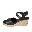 Woman's strap platform sandal in black leather with wedge heel 7 - Available sizes:  33, 34, 42, 43, 44