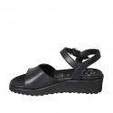 Woman's sandal with strap in black leather wedge heel 4 - Available sizes:  42, 44