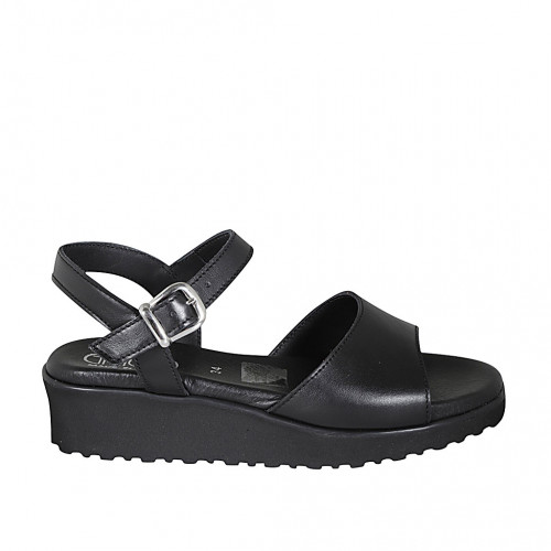 Woman's sandal with strap in black leather wedge heel 4 - Available sizes:  42, 44