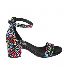 Woman's open shoe with strap in multicolored mosaic printed suede heel 5 - Available sizes:  32, 33, 34