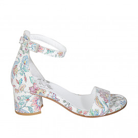 Woman's open shoe with strap in multicolor printed white leather heel 5 - Available sizes:  33