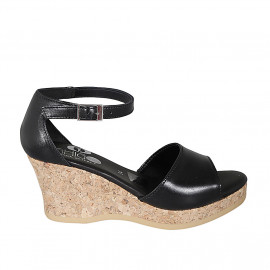 Woman's open shoe with strap and platform in black leather wedge heel 7 - Available sizes:  43