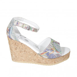 Woman's open shoe with strap and platform in multicolored printed silver leather wedge heel 9 - Available sizes:  32, 34