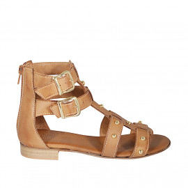 Woman's open shoe with zipper, buckles and studs in cognac brown leather wedge heel 2 - Available sizes:  32, 33, 43