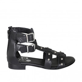 Scarpa aperta da donna con cerniera, fibbie e borchie in pelle nera tacco 2 - Misure disponibili: 32, 33, 34