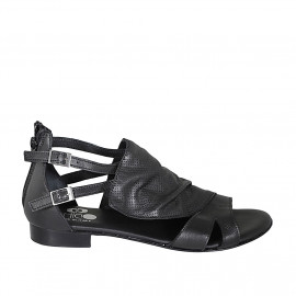 Scarpa aperta da donna con cerniera e fibbie in pelle e pelle forata nera tacco 2 - Misure disponibili: 32, 33, 34, 43