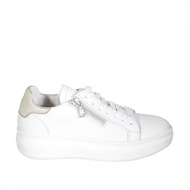 Woman's laced shoe in white and platinum leather with removable insole and zipper wedge heel 4 - Available sizes:  44