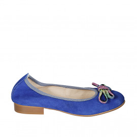 Ballerina da donna in camoscio bluette con fiocco multicolor tacco 2 - Misure disponibili: 32, 33, 42, 43, 44