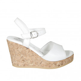 Woman's sandal with strap and platform in white leather wedge heel 9 - Available sizes:  42, 43, 44, 45