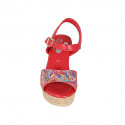 Sandalia para mujer en piel roja imprimida multicolor mosaico con cinturon, plataforma y cuña 9 - Tallas disponibles:  42, 43, 44, 45