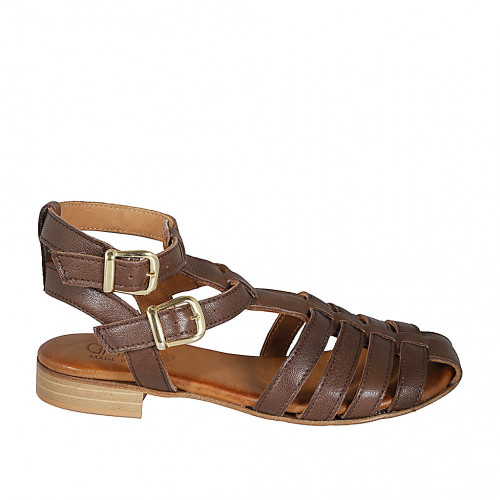 Sandalia para mujer con cinturones al tobillo en piel marron tacon 2 - Tallas disponibles:  32, 33, 42, 43, 44