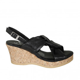 Sandale pour femmes avec plateforme en cuir noir talon compensé 7 - Pointures disponibles:  33, 34, 42, 45