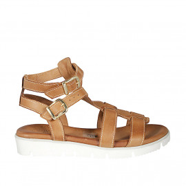 Woman's sandal with straps in cognac brown leather wedge heel 3 - Available sizes:  32, 33, 42, 44