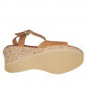 Woman's sandal with strap and platform in cognac brown leather wedge heel 7 - Available sizes:  42, 43, 44