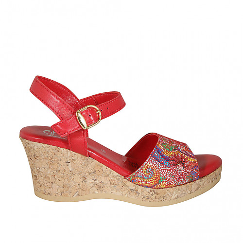 Woman's strap sandal in red multicolored mosaic printed leather with platform and wedge heel 7 - Available sizes:  44