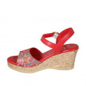 Woman's strap sandal in red multicolored mosaic printed leather with platform and wedge heel 7 - Available sizes:  44