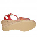 Woman's strap sandal in red multicolored mosaic printed leather with platform and wedge heel 7 - Available sizes:  44