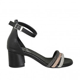 Woman's open shoe in black leather with strap and silver, copper and grey rhinestones heel 5 - Available sizes:  32, 34