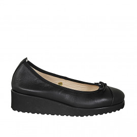 Woman's ballerina shoe in black leather with bow and captoe wedge heel 4 - Available sizes:  44