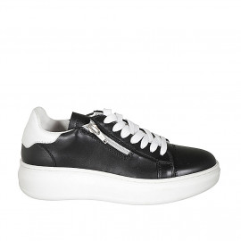 Woman's laced shoe with zipper and removable insole in black and white leather wedge heel 4 - Available sizes:  42, 43, 44