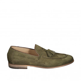 Men's loafer with tassels in green suede - Available sizes:  36, 37, 38, 46, 47