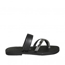 Mule de dedo para mujer en piel negra y charol plateado tacon 1 - Tallas disponibles:  32, 42, 43