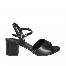 Woman's ankle strap sandal in black leather and patent leather heel 5 - Available sizes:  32, 33, 42, 44, 46