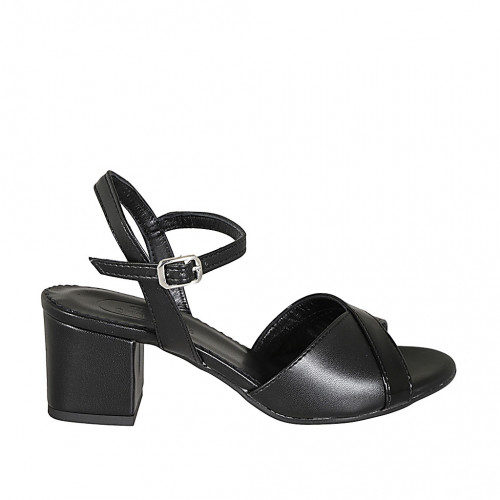 Sandalia para mujer con cinturon al tobillo en piel y charol negro tacon 5 - Tallas disponibles:  32, 33, 42, 44, 46