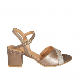 Woman's sandal in bronze laminated leather with strap and glitter heel 5 - Available sizes:  33, 42, 46