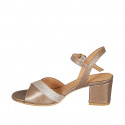 Sandalia para mujer en piel laminada bronce con cinturon y brillos tacon 5 - Tallas disponibles:  33, 34, 42, 46