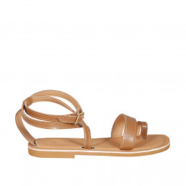 Woman's thong sandal with strap in cognac brown leather heel 1 - Available sizes:  32, 33