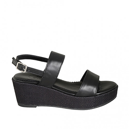 Sandalia para mujer con plataforma en piel negra cuña 6 - Tallas disponibles:  33, 42, 43, 44, 45, 46