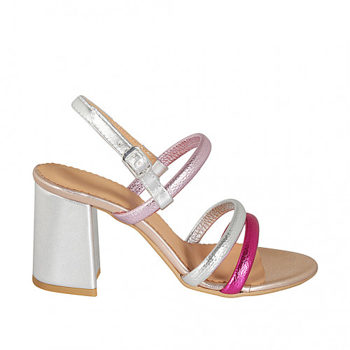 Sandalia para mujer en piel imprimida laminada plateada, fucsia y rosa tacon 7 - Tallas disponibles:  34, 42, 43, 44, 45, 46