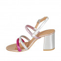 Sandalia para mujer en piel imprimida laminada plateada, fucsia y rosa tacon 7 - Tallas disponibles:  34, 42, 43, 44, 45, 46