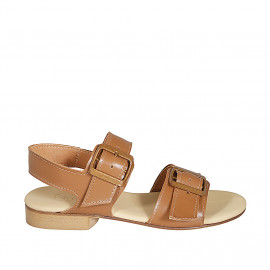 Sandalia para mujer con hebillas ajustables en piel cognac tacon 2 - Tallas disponibles:  32, 33, 34, 42, 43, 44, 45