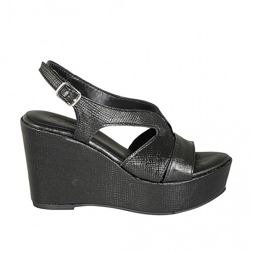Sandale pour femmes en cuir imprimé noir avec plateforme et talon compensé 9 - Pointures disponibles:  31, 32, 33, 34, 42, 43, 44, 45, 46
