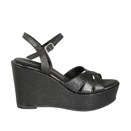 Sandale pour femmes en cuir imprimé noir avec courroie, plateforme et talon compensé 9 - Pointures disponibles:  31, 42, 44