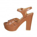 Sandale pour femmes en cuir cognac avec courroie, plateforme et talon 12 - Pointures disponibles:  31, 34, 43, 44